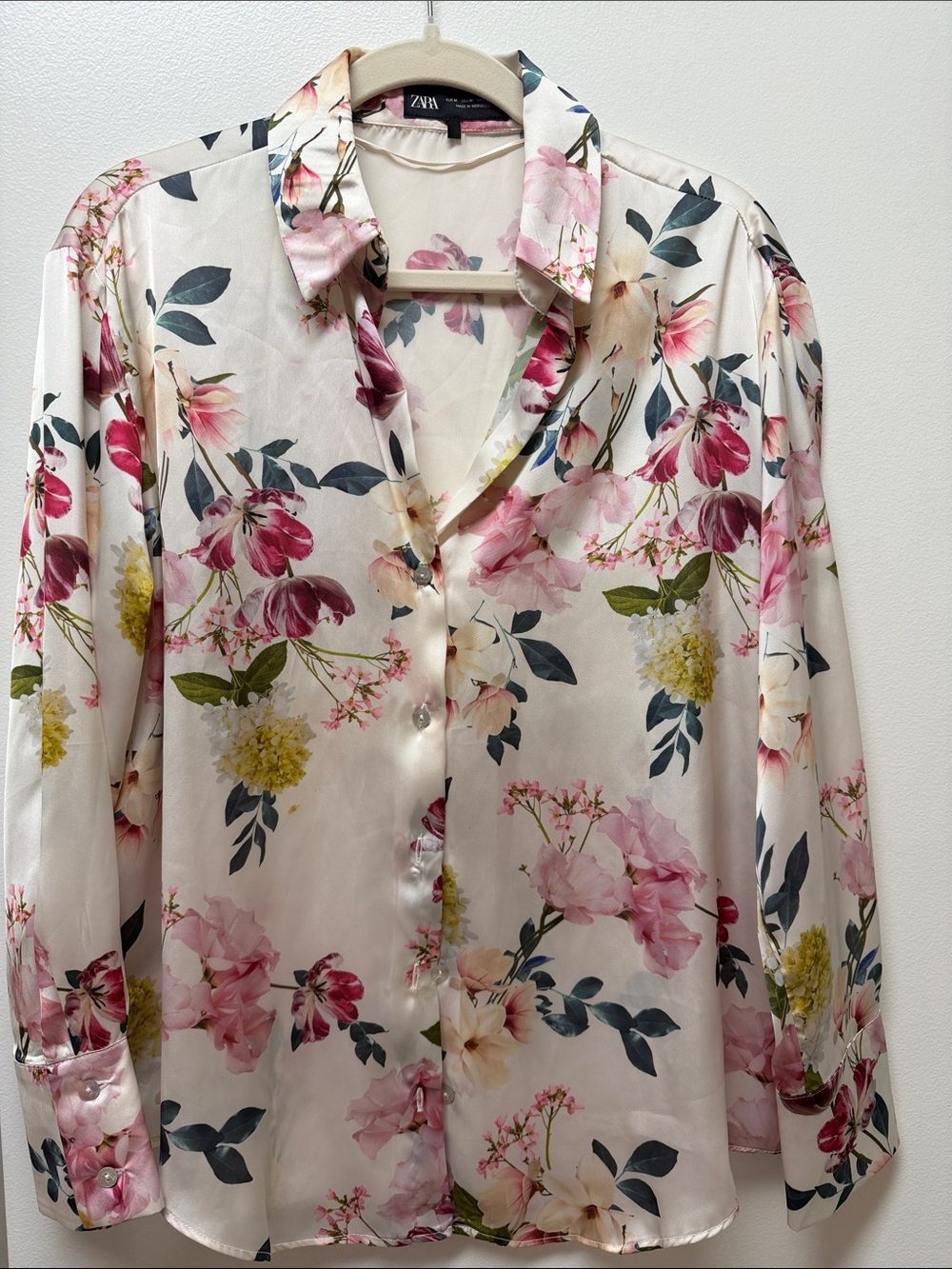 Zara Cream Floral Satin Button-Down Shirt with Pink & Green Blooms